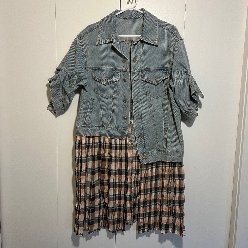 Unique Denim and Plaid Long Jacket